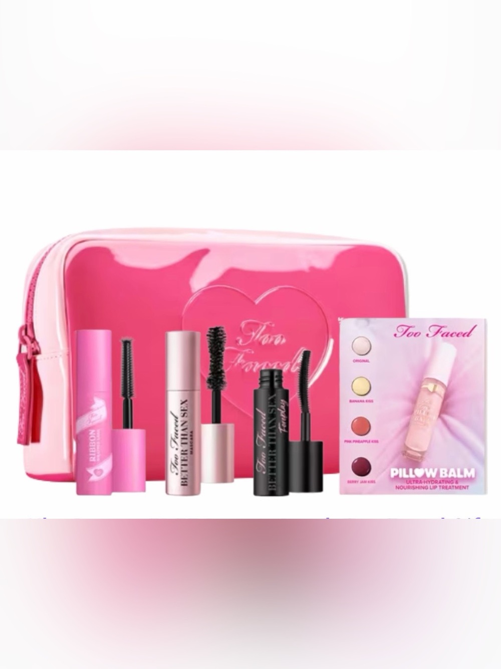Too Faced Travel Mascara Set with Glossy Pink Bag NEW